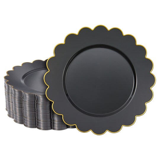 Sparkle and Bash; 50 Pack Black Plastic Plates, 9 Inch Disposable for Party Supplies, Wedding, Gold Foil Scalloped Edges; Category:Plates; Image:1